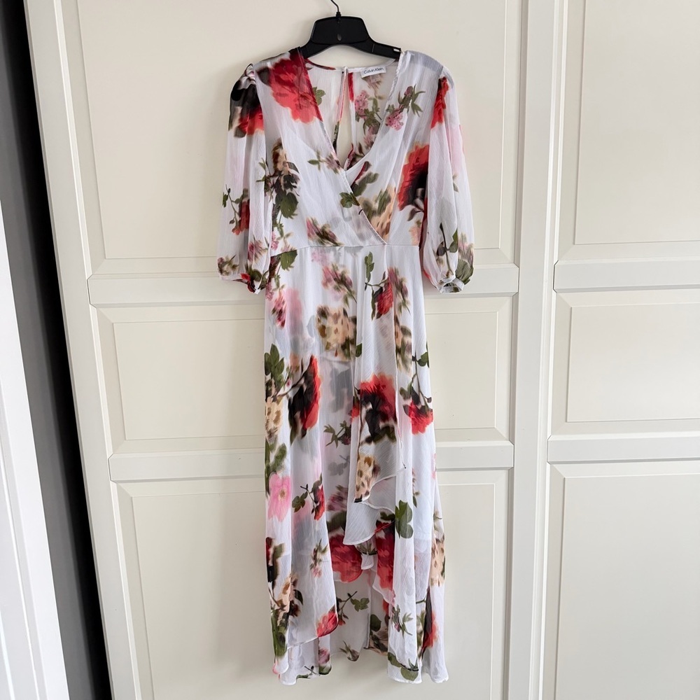 Calvin Klein White Floral-print Faux-wrap Chiffon High-low Dress 4 41894 - Picture 6 of 14